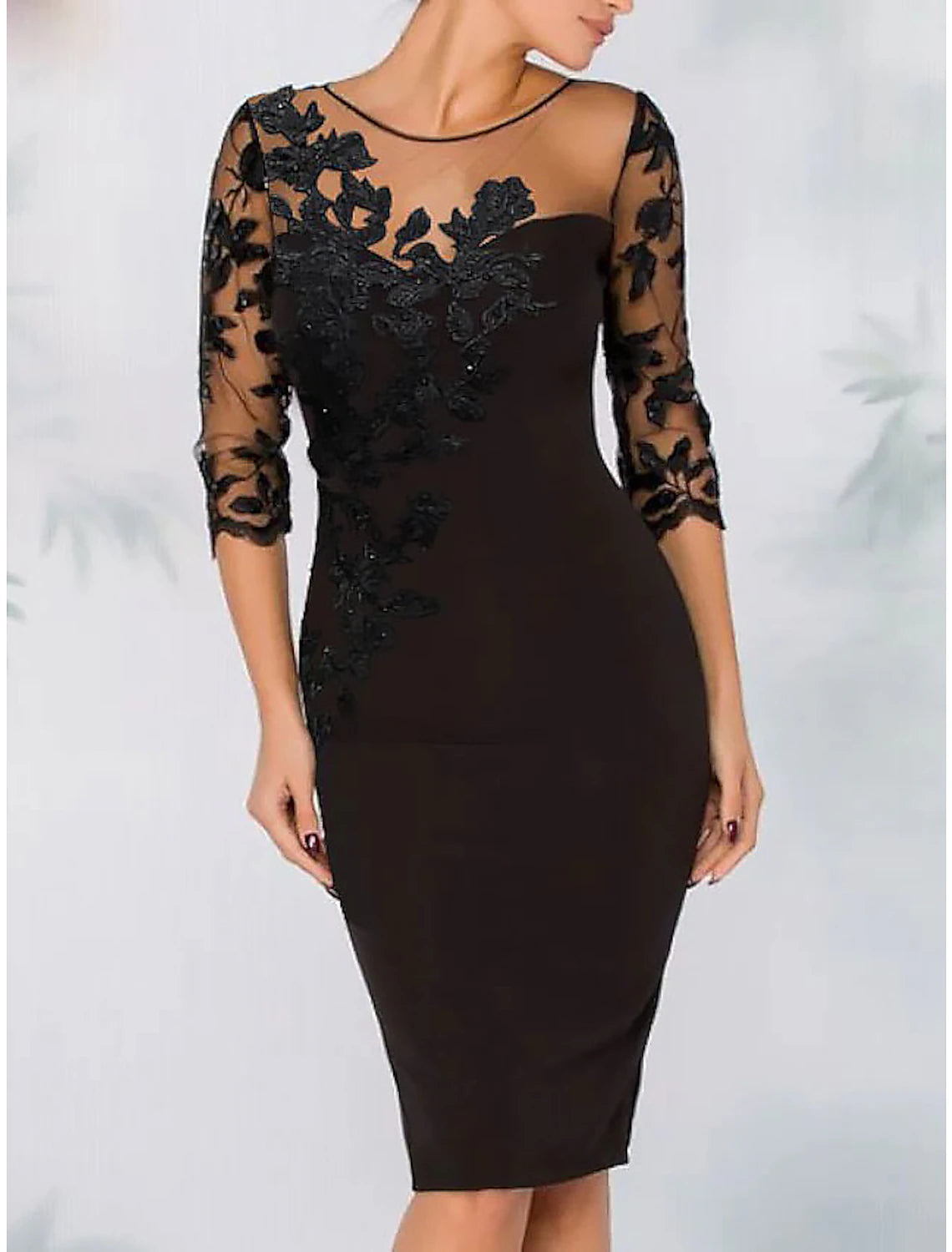 Wholesale Sheath Cocktail Elegant Dress Fall Wedding Guest Dress Long Sleeve Black Dress Plus Size Midi Dress Floral Embroidery Illusion Neck With Beading Lace